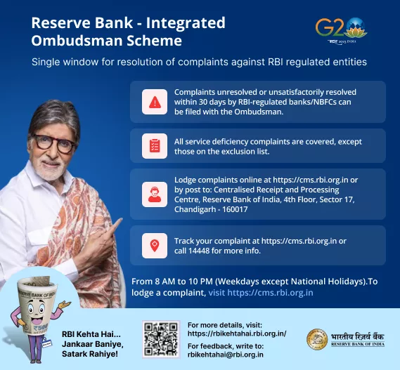 Reserve bank - Integrated ombudsman scheme. Single window for resolutions of complaints against RBI regulated entities.